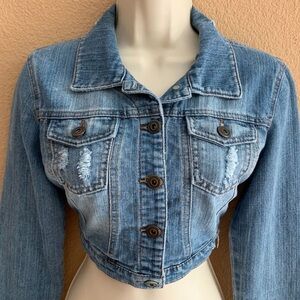 WOMENS DOLLHOUSE CROPPED DISTRESSED DENIM JACKET